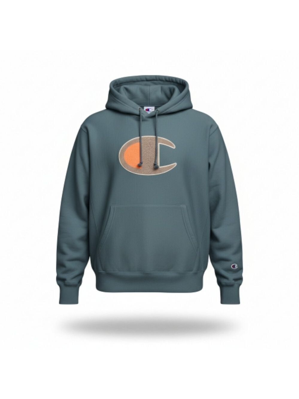 Champion Men's Blue and Orange Logo Hoodie Medium